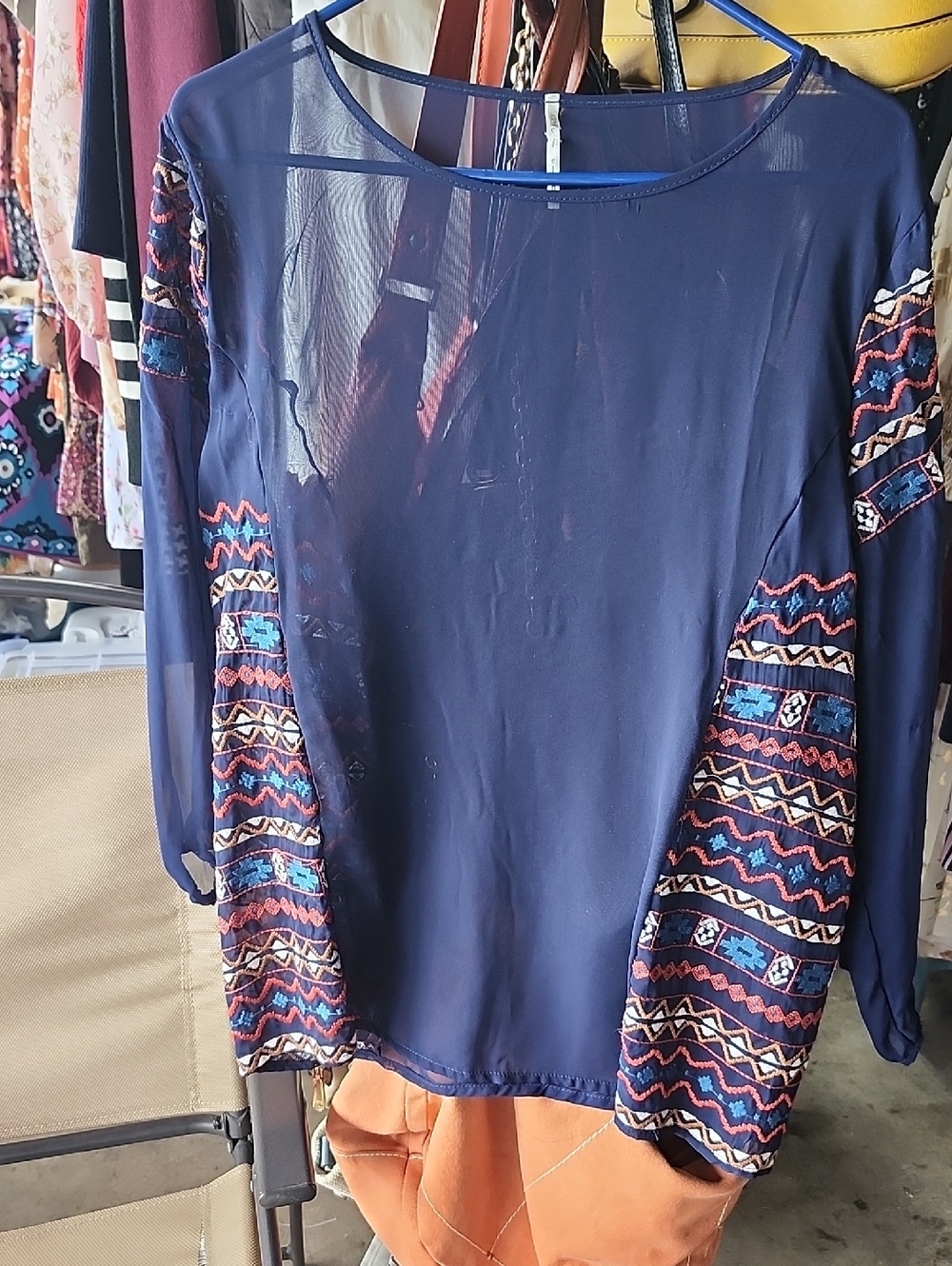 Boho Navy Sheer Blouse with Embroidered Sleeves